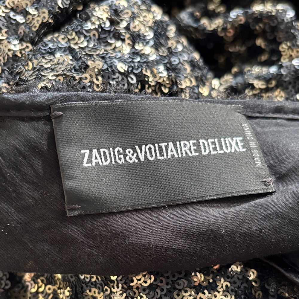 Zadig and Voltaire Rousse Sequin Deluxe Mini Dress 3/4 Sleeve Black‎ Gold Size M - Picture 5 of 7